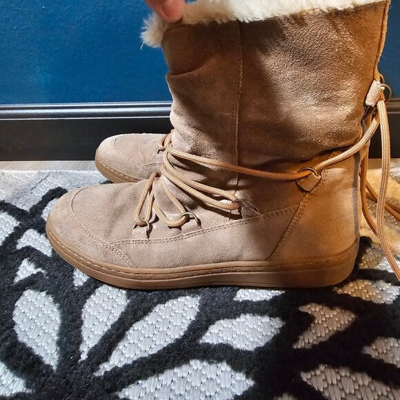 Snow Boot Women's Tan Suede Lace Up Mid Calf Boots - Picture 3 of 8